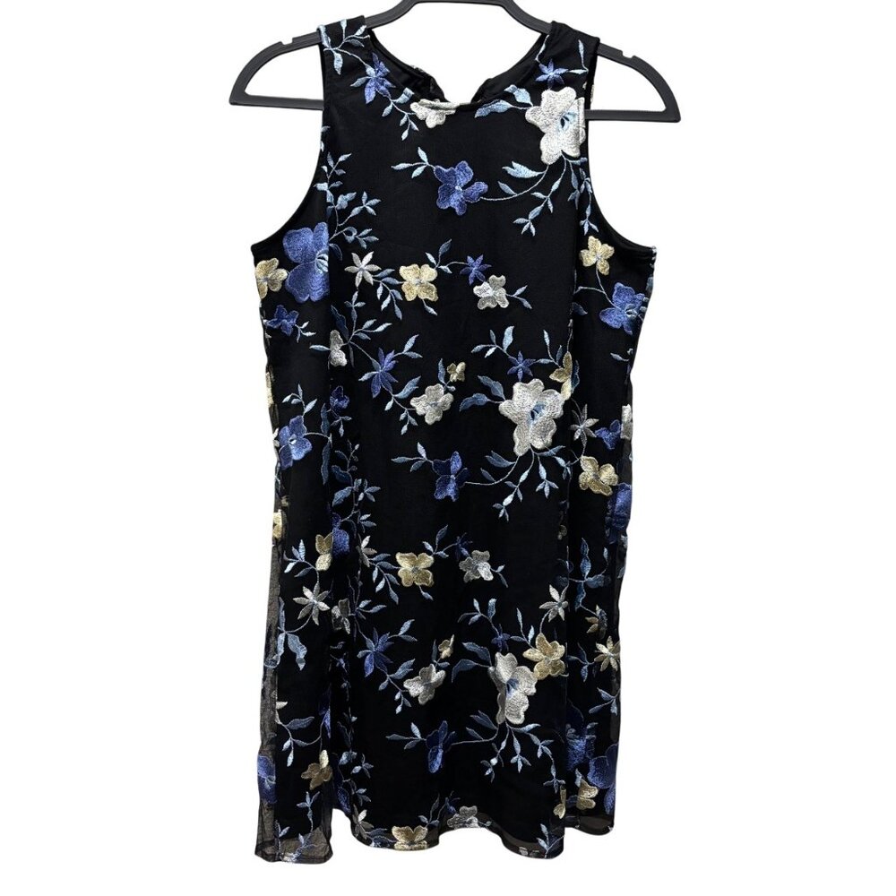 Eci New York Black Floral Embroidered Sleeveless Dress Size M Petite Black Blue - Picture 2 of 8
